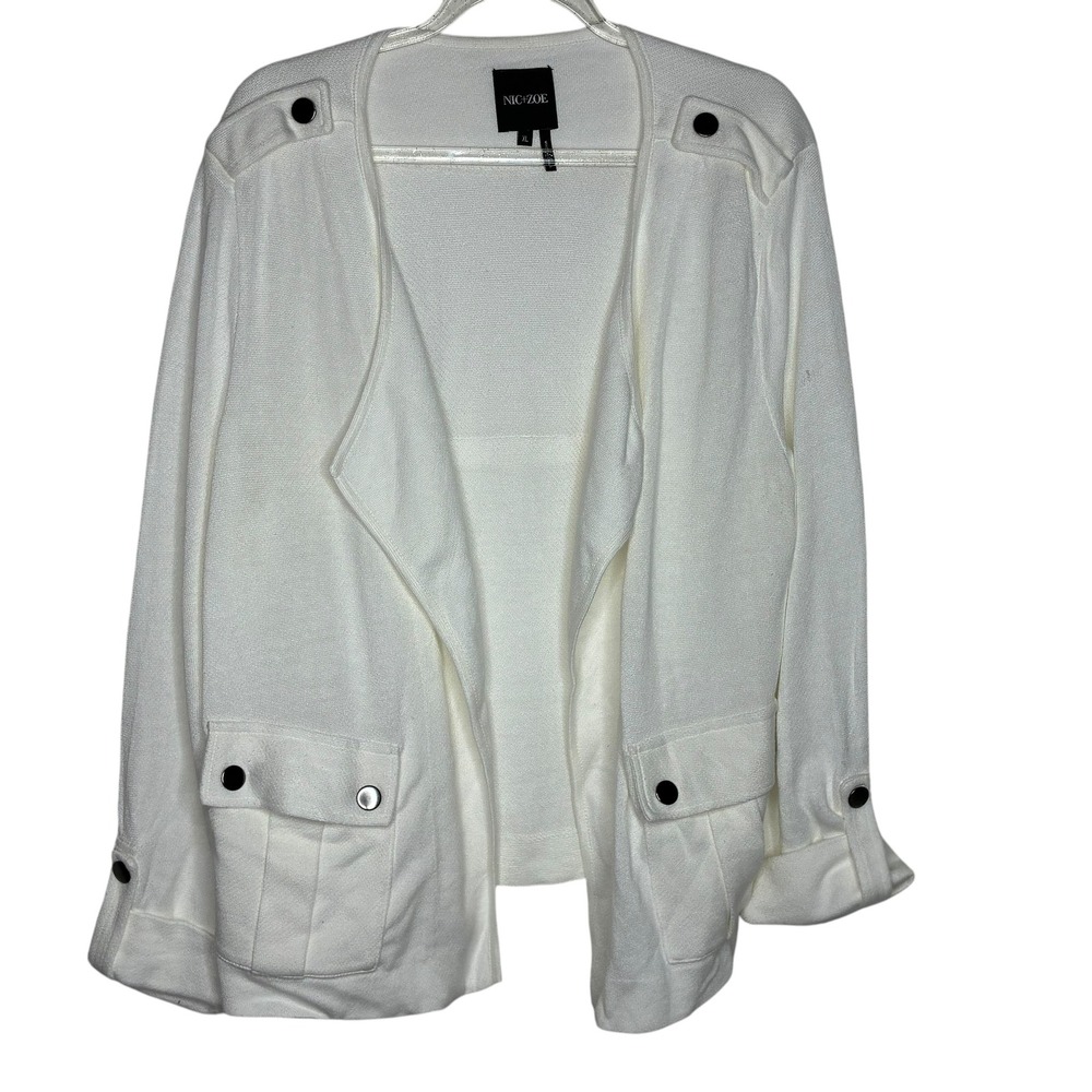 Nic+Zoe Women XL Cardigan White Military Epaulette Open Front Utility Knit